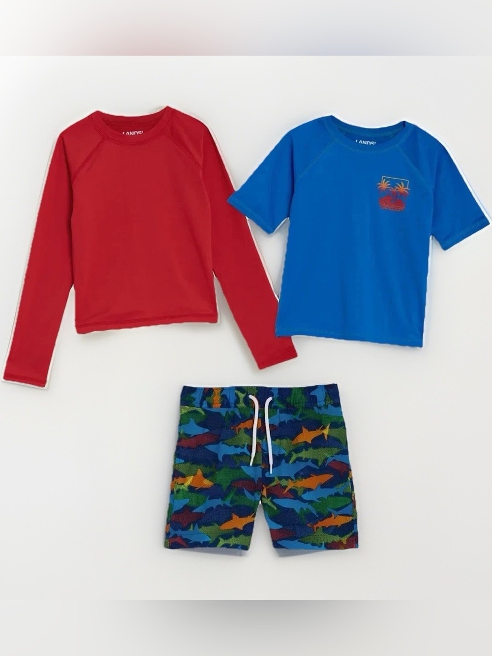 Lands' End 3 Piece Swim Set Rash-Guard Trunks Boy's Red Shark Print size 3T